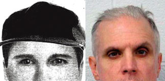 A 1999 composite sketch handout of the suspected kidnapper (at left), and Timothy David Nelson’s mugshot (at right). (Courtesy of the Pennsylvania State Police.)