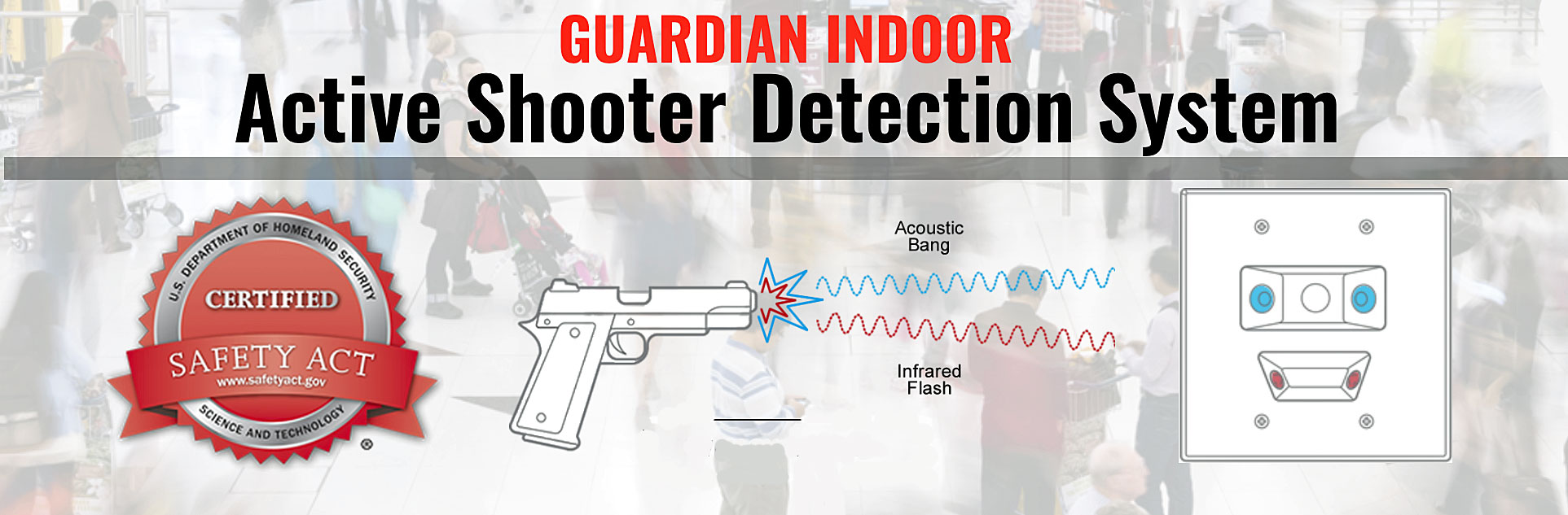 The Guardian Indoor Active Shooter Detection System incorporates acoustic gunshot identification software combined with infrared gunfire flash detection to produce a high performing, fully automatic, and accurate gunshot detection technology. 
