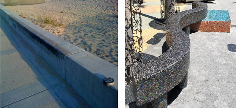 Traditional Mitigation Strategy, Anti-skateboarding device installed on bench/retaining wall (at left) vs. Non-traditional Mitigation Strategy, Bench made with rough surface to deter skateboarding (at right).