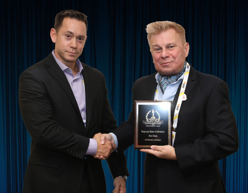 Chris Utah, COO of Regroup Mass Notifications Accepting the company's 2019 Platinum 'ASTORS' Award in New York City at the 'ASTORS' Awards Luncheon.