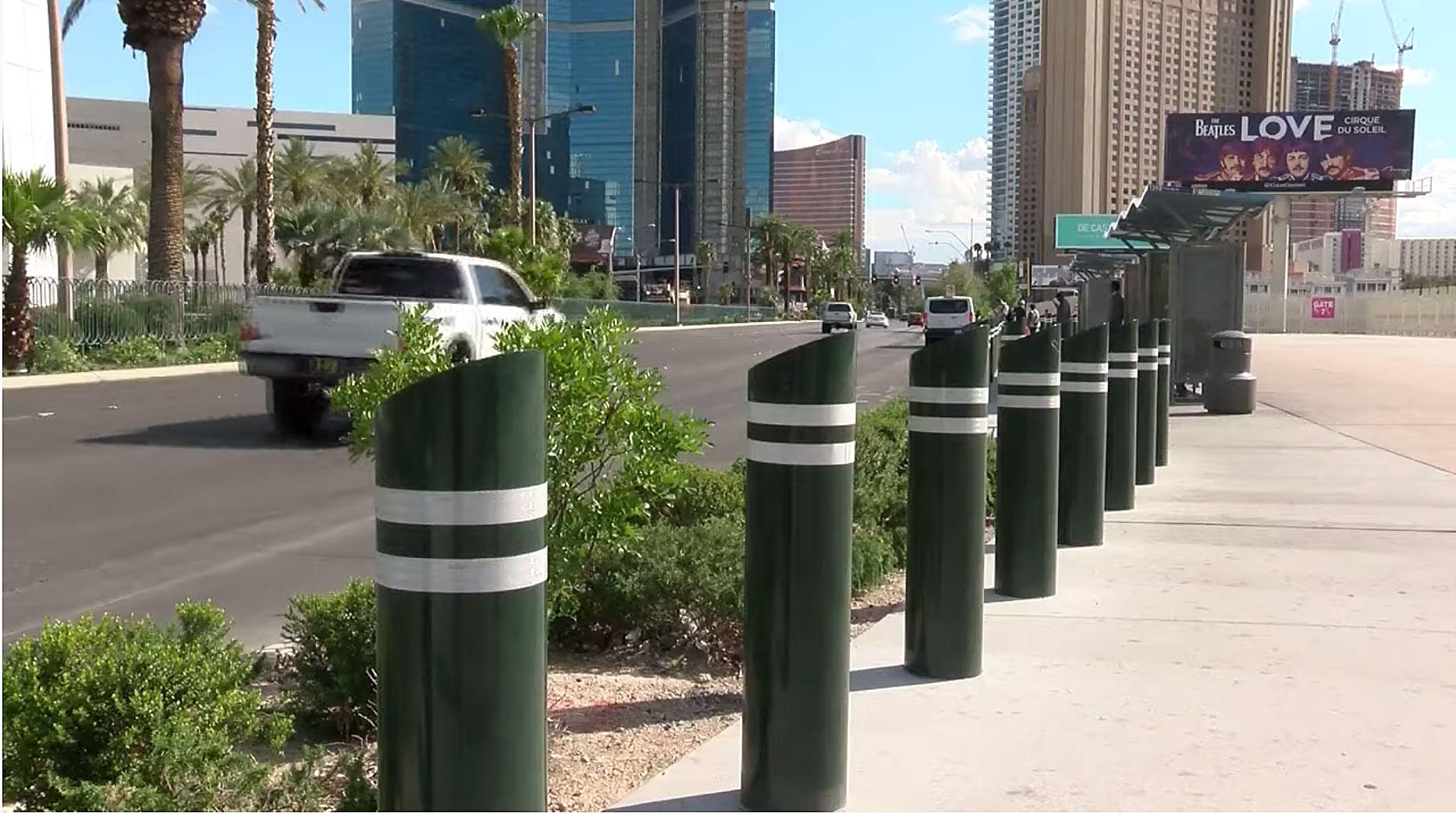 Anti-crash barriers for hostile vehicle mitigation (HVM) were installed along the Las Vegas Stip following a December 2015 incident when a 24 year old woman allegedly plowed her car into 37 people after driving along the sidewalk between the Paris Las Vegas and Planet Hollywood, which killed one woman. (Courtesy of YouTube)