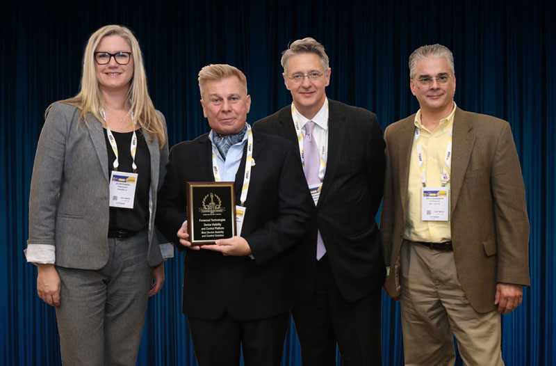 Ellen Sundra, VP, Global Systems Engineering at Forescout Technologies; Mark Anderson, Public Accounts Manager; and Ted Slockbower, Channel System Engineer accepting Forescout’s 2019 ‘ASTORS’ Award at ISC East.