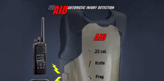 Select Engineering Services Automatic Injury Detection (AID) System includes thin lightweight, flexible and maintenance free, mylar panels inserted into the officers body armor, (both front and back) for complete concealment and no modifications required to the body armor.