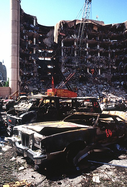 A view of the destroyed Alfred P. Murrah Federal Building, two days after the 1995 Oklahoma City bombing. (Courtesy of the DoD and Wikipedia)
