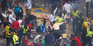 Towards the end of Boston Marathon on April 15, 2013, two homemade pressure cooker bombs detonated 14 seconds and 210 yards (190 m) apart at 2:49 p.m., near the finish line of the race, killing 3 people and injuring several hundred others, including 16 who lost limbs. (Courtesy of Wikipedia)