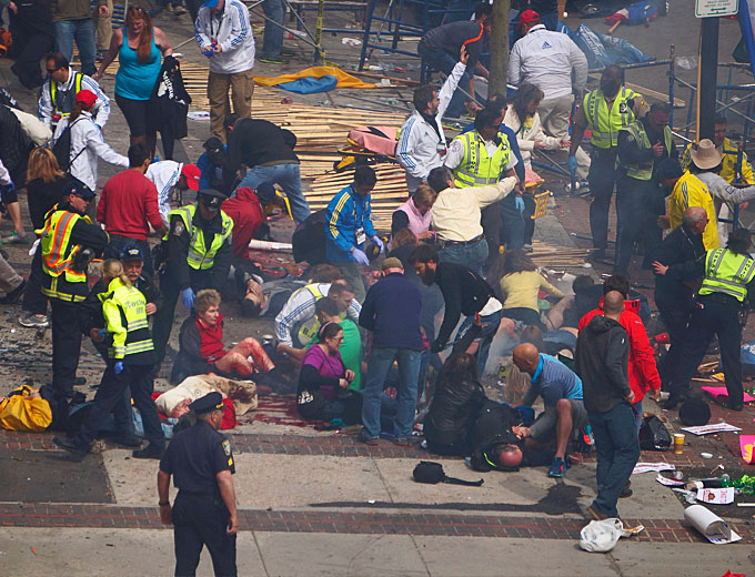 Towards the end of Boston Marathon on April 15, 2013, two homemade pressure cooker bombs detonated 14 seconds and 210 yards (190 m) apart at 2:49 p.m., near the finish line of the race, killing 3 people and injuring several hundred others, including 16 who lost limbs. (Courtesy of Wikipedia)