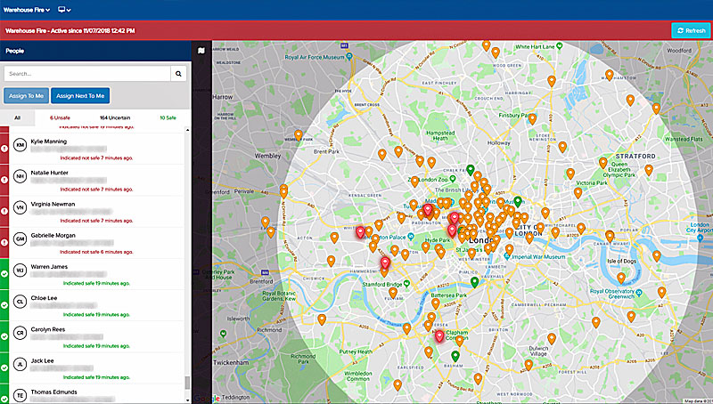 Incident Management enables operations teams to identify travelers efficiently in a crisis based on geographical location; informing them of the situation using Mass Notification. Pictured here, an Incident Dashboard displays an incident location with the identified travelers in the location. All travelers responses from the Mass Notification with their safety status can be viewed here. If a traveller enters the identified incident location, they will also receive the Mass Notification informing them of the situation.