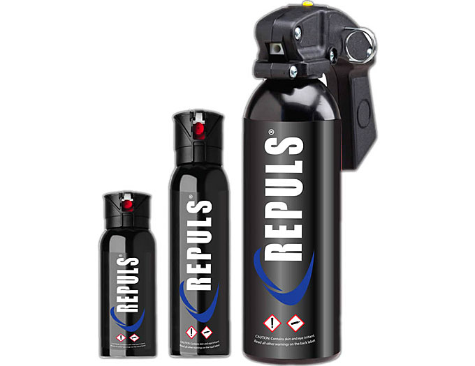 REPULS Water-based irritant is available in Police Duty Belt Model MK-4 (3.5 oz size, measures 6-1/4" H x 1-1/2" D) 100 grams, with a target range of 15 feet.