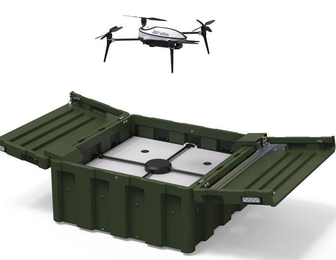 Easy Guard is a mobile, durable and self-sustaining ground station that charges the Falcon Drone (35-45 minutes for a full charging cycle) and provides comprehensive weather protection.