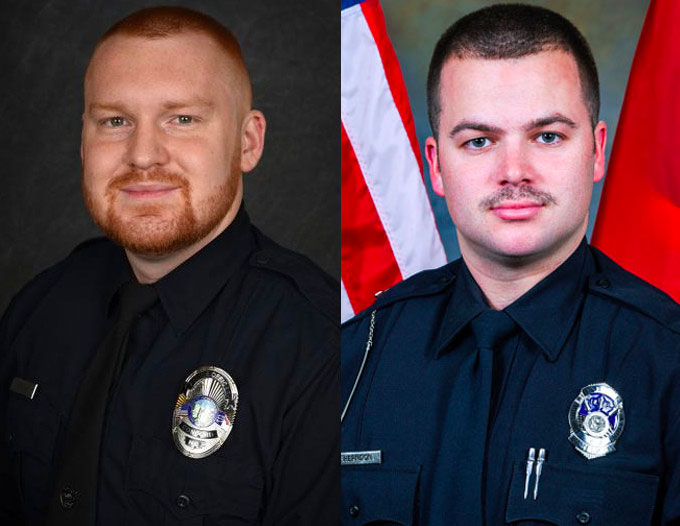 Police Officer Jason Shuping (at left), 25, was shot and killed while responding to an attempted carjacking at a fast-food restaurant on Wednesday, Dec. 16, 2020. Police Officer Tyler Herndon (at right), was shot and killed two days before his 26th birthday while he and other officers responded to a burglary in progress at a car wash on Friday, Dec. 11, 2020.