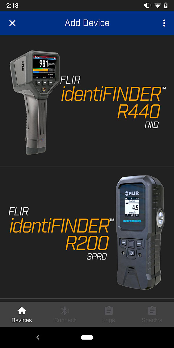 The FLIR Rad App allows you to connect your FLIR instrument to your iOS device via Bluetooth. This free app provides a convenient way to invoke Reachback with the instrument, and provides the ability to send log files and other information via email from your smartphone.