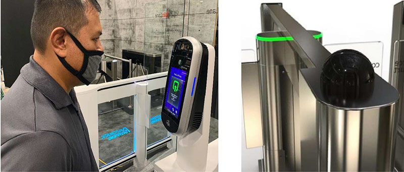 Facial Recognition reader systems like those from Idemia, Identytech and NEC are fitted into a SlimLane EPR swing glass optical turnstile
