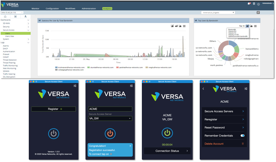 Versa SASE integrates security, networking, SD-WAN, and analytics within a single software operating system delivered via the cloud, on-premises, or as a blended combination of both.