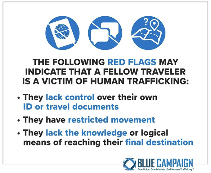 Have you seen any of these red flags when traveling? They could mean that a fellow traveler is a victim of #HumanTrafficking. (Courtesy of Blue Campaign and DHS)