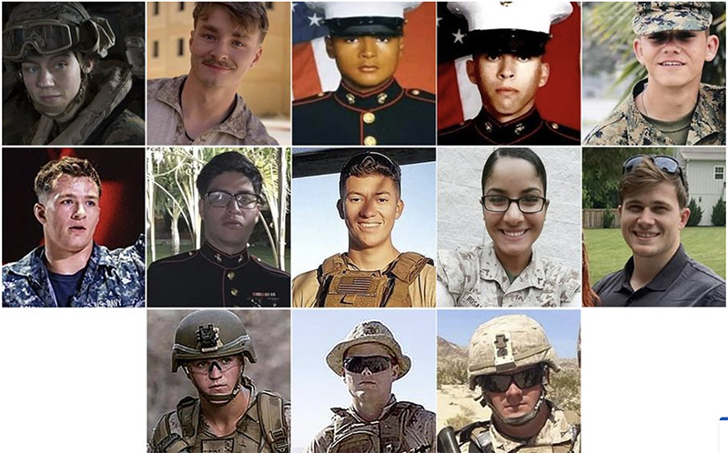 Eleven Marines, one sailor and one soldier were among the dead in a suicide bombing at Afghanistan’s Kabul airport Thursday, which also claimed the lives of more than 100 Afghans. Top row, from left: Sgt. Nicole L. Gee, Cpl. Daegan W. Page, Lance Cpl. David L. Espinoza, Lance Cpl. Dylan R. Merola and Lance Cpl. Kareem M. Nikoui. Center row, from left: Seaman Maxton W. Soviak, Cpl. Humberto A. Sanchez, Cpl. Hunter Lopez, Sgt. Johanny Rosariopichardo and Staff Sgt. Ryan C. Knauss. Bottom row, from left: Lance Cpl. Rylee J. McCollum, Lance Cpl. Jared M. Schmitz and Staff Sgt. Darin T. Hoover. (Courtesy of Facebook, U.S. Marine Corps, Twitter, Instagram)