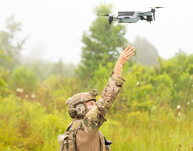 The ION M640x tactical quadcopter (pictured here being hand launched) is an American designed, developed, manufactured, and supported system.