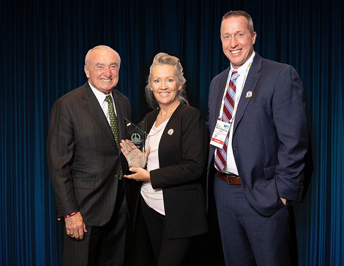 William J. Bratton, and Michael Dorrington, Senior Vice President Sales & Marketing representing AMAROK, a New Premier Sponsor in the 2021 ‘ASTORS’ Homeland Security Awards Program being presented with a coveted 2021 'ASTORS' Extraordinary Leadership & Innovation Award at ISC East by AST Editorial Director Tammy Waitt.