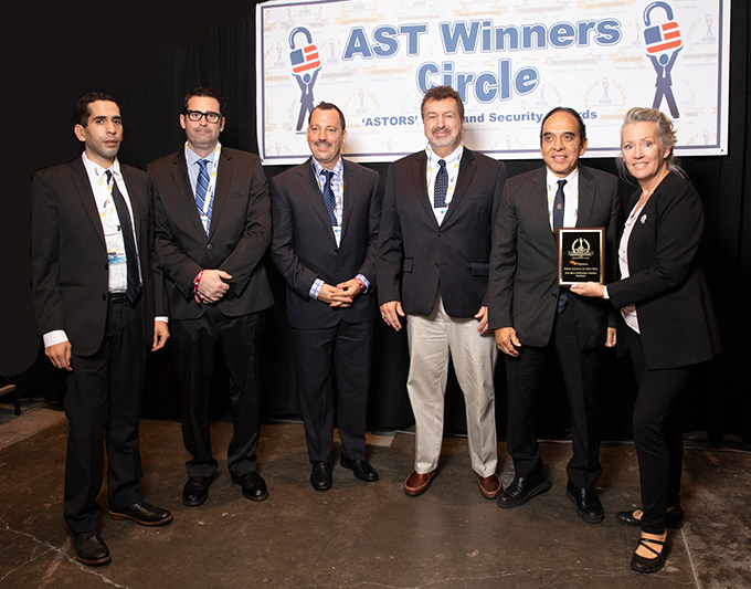 Team ATI Systems (featuring Dr. Ray Bassiouni, second from right) Accepts the 2021 Platinum 'ASTORS' Award for the ATI Systems Mobile Solutions for Giant Voice, in addition to a 2020 'ASTORS' Extraordinary Leadership & Innovation Award at the 2021 'ASTORS' Awards Luncheon at ISC East.