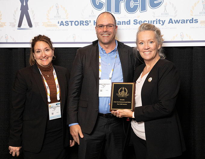 Danielle Gagnon and Garrettt Bechler accept the 2021 Platinum 'ASTORS' Award for Ermetic's CIEM Solution at the 2021 Homeland Security Awards Program at ISC East.
