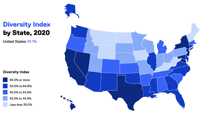 Map of diversity index changes based on U.S. Census (Courtesy of Mark43)