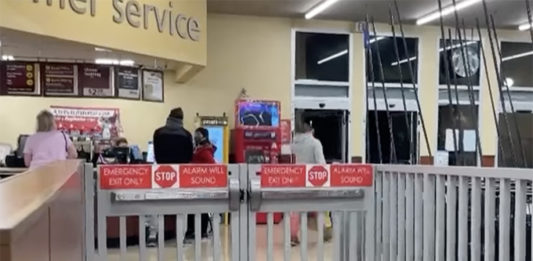 One San Francisco Safeway has added metal gates and barricades to its checkout lines to try to prevent theft. The automatic gates are part of 'long-planned security improvements' according to the company. (Courtesy of YouTube)