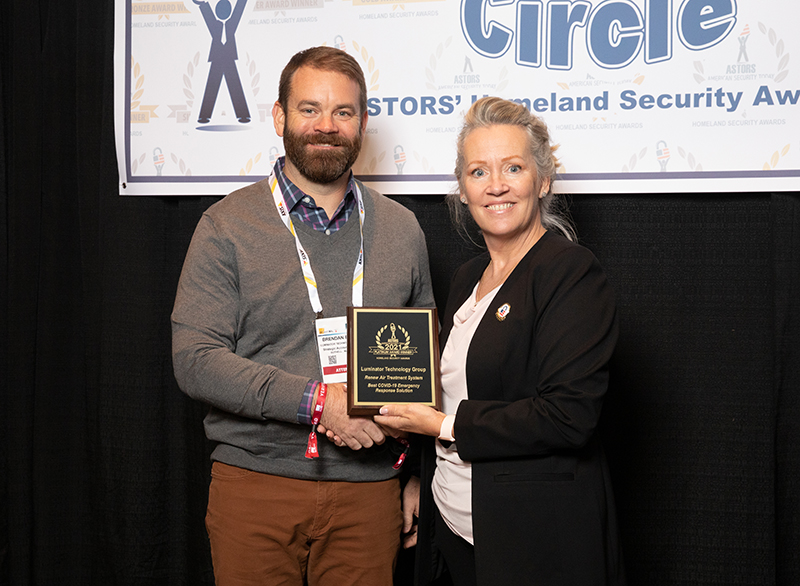 Brendan Boyle, Technology Strategic Sales Executive accepts the 2021 Platinum ‘ASTORS’ Award for Luminator’s Renew Air Treatment System