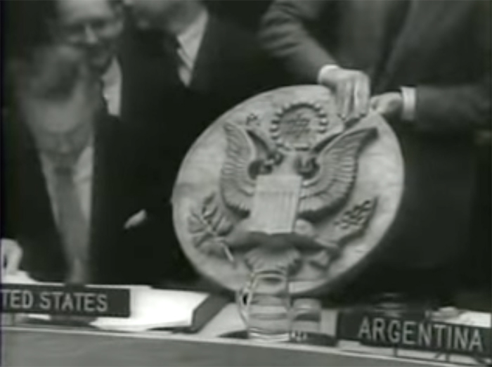 Russians 'Bugged' American Embassy. Lodge shows great seal, opens it and shows the listening device. Council voted 7-2 to censure the Soviet Union. (Courtesy of YouTube.)