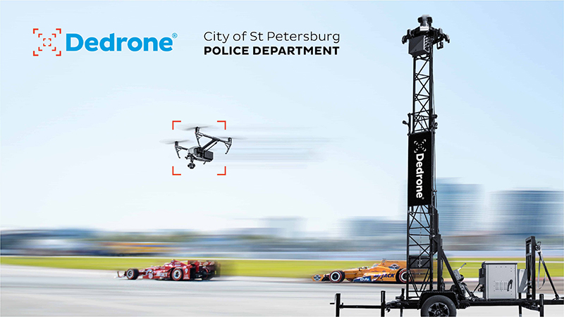 DedroneRapidResponse can be deployed in under 30 minutes to ensure uninterrupted airspace protection of outdoor events. As shown here deployed by the St. Petersburg Police Department to secure the airspace for the 2022 Firestone Grand Prix, an IndyCar motor race.