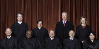 The Supreme Court as composed October 27, 2020 to present. Front row, left to right: Associate Justice Samuel A. Alito, Jr., Associate Justice Clarence Thomas, Chief Justice John G. Roberts, Jr., Associate Justice Stephen G. Breyer, and Associate Justice Sonia Sotomayor. Back row, left to right: Associate Justice Brett M. Kavanaugh, Associate Justice Elena Kagan, Associate Justice Neil M. Gorsuch, and Associate Justice Amy Coney Barrett. (Courtesy of The Supreme Court of the United States by Fred Schilling)