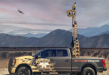 The FLIR LVSS C-UAS utilizes 3D Radar, EO/IR Camera, and RF detection and mitigation sensors to provide early warning alerts, detection, and non-kinetic countermeasures for various UAS systems.