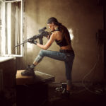 Young,Beautiful,Woman,Sniper,And,Soldier,Aiming,A,Rifle,At