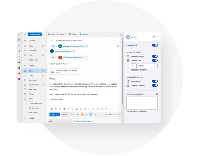 Microsoft 365 Seamlessly protect emails and files shared via Outlook with Virtru.