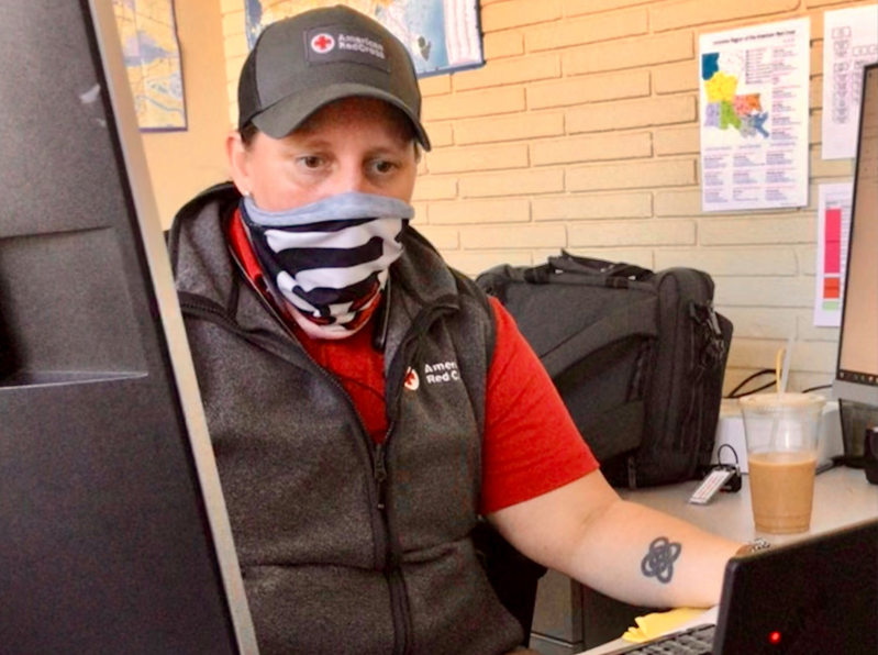 Karla Templeton working as a Damage Assessment Manager, overseeing FOUR different disaster responses: Hurricane Delta, Hurricane Laura in Texas, Hurricane Laura in Louisiana, and Hurricane Zeta. (Courtesy of American Red Cross and Facebook)