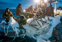 Sailors assigned to Explosive Ordnance Disposal Group 2 recover debris from a suspected Chinese surveillance balloon off the coast of Myrtle Beach, SC on February 5, 2023. (Courtesy of the U.S. Navy by Petty Officer 1st Class Tyler Thompson)