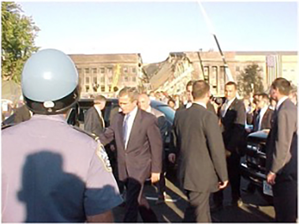 Following the Sept 11 attacks, Chief Sund handled the security detail for the President of the United States’ (POTUS) motorcade to the Pentagon. President Bush, his National Security Advisor Condoleezza Rice and Secretary of Defense Donald Rumsfeld came to observe the recovery efforts and meet with first responders. (Courtesy of the Sund family)