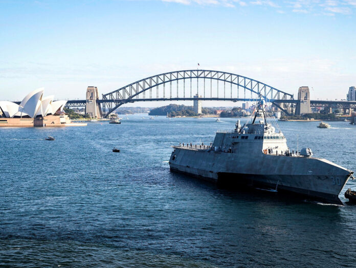 The commissioning ceremony of Independence-variant littoral combat ship USS Canberra (LCS 30) took place in Sydney, Australia July 22, 2023. Independence-variant Littoral Combat Ships are fast, optimally manned, mission-tailored surface combatants that operate in near-shore and open-ocean environments, winning against 21st-century coastal threats. LCS integrate with joint, combined, manned and unmanned teams to support forward presence, maritime security, sea control, and deterrence missions around the globe. (Courtesy of the Royal Australian Navy)