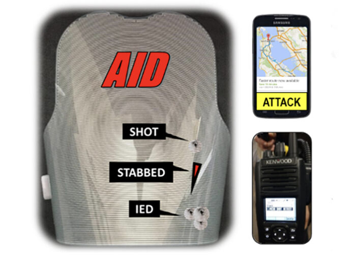 When an officer is shot, a quick and precise reaction is critical for saving his/her life and often for obtaining help to eliminate the threat. Automatic Injury Detection (AID) is made of a thin, flexible sensor panel that helps save lives by sending an automated text message and email for help whenever the sensor has been pierced – from a bullet, knife, shrapnel, or other object. (Courtesy of Select Engineering Services)