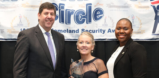 ATF Director Steven Dettelbach is presented with the 2023 ‘ASTORS’ Government Leadership & Innovation Person of the Year Award, by Tammy Waitt, Editorial Director at AST (at center), and New York/Newark Port Director Tenable Thomas (at right), on behalf of the 2022 ‘Government Person of the Year, CBP OFO Deputy Executive Assistant Commissioner Diane Sabatino, at the 2023 'ASTORS' Homeland Security and Excellence in Public Safety Awards Ceremony in New York City.