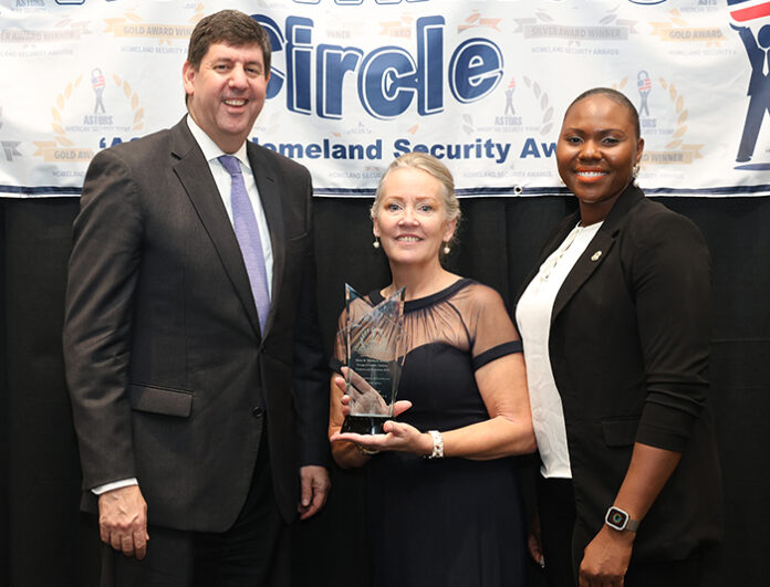 ATF Director Steven Dettelbach is presented with the 2023 ‘ASTORS’ Government Leadership & Innovation Person of the Year Award, by Tammy Waitt, Editorial Director at AST (at center), and New York/Newark Port Director Tenable Thomas (at right), on behalf of the 2022 ‘Government Person of the Year, CBP OFO Deputy Executive Assistant Commissioner Diane Sabatino, at the 2023 'ASTORS' Homeland Security and Excellence in Public Safety Awards Ceremony in New York City.