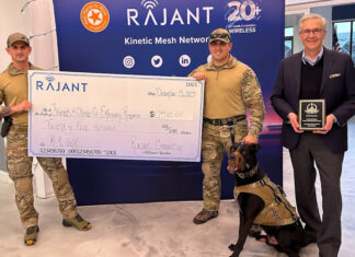 Rajant CEO Robert Schena, presents a check to the Friends of Chester County Emergency Response K9 Unit, while holding the company’s 2023 ‘ASTORS’ Homeland Security Award for “Best Wireless Video Surveillance Network Solution.